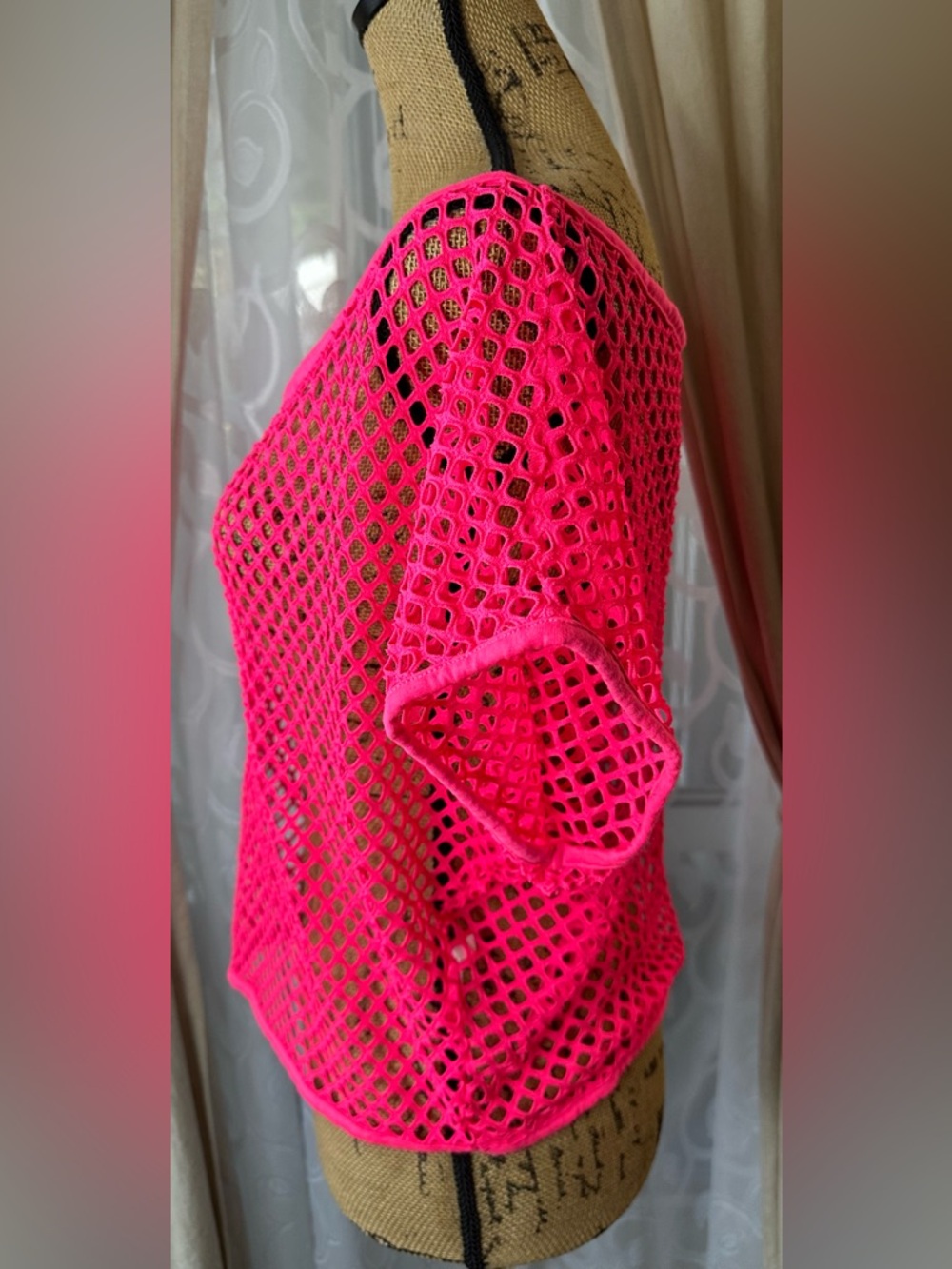 Hot Pink Barbie Fishnet Mesh Top Y2K Festival Rave Sheer Knit Boho - Picture 3 of 7
